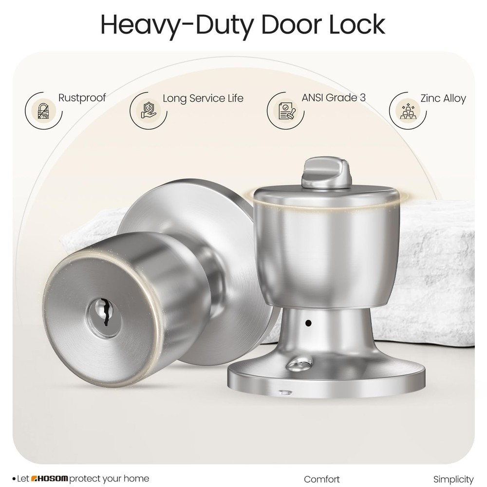 HOSOM Door Knobs with Lock and Key, Keyed Entry 2 Pack, Satin Nickel