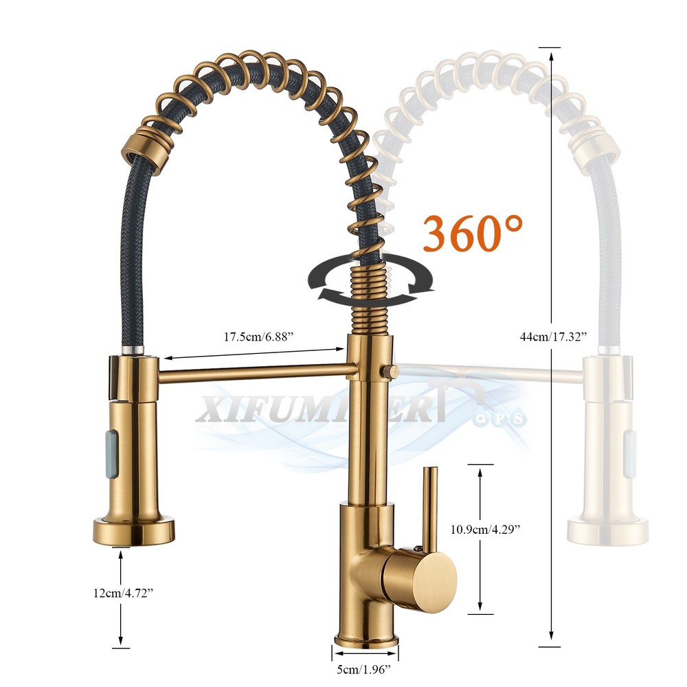 Brushed Gold Kitchen Faucet 360° Single Handle Sink Mixer Taps Pull Down Sprayer