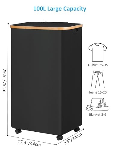 Laundry Basket with Wheels, Tall Rolling Laundry Hamper with Lid 100L Black