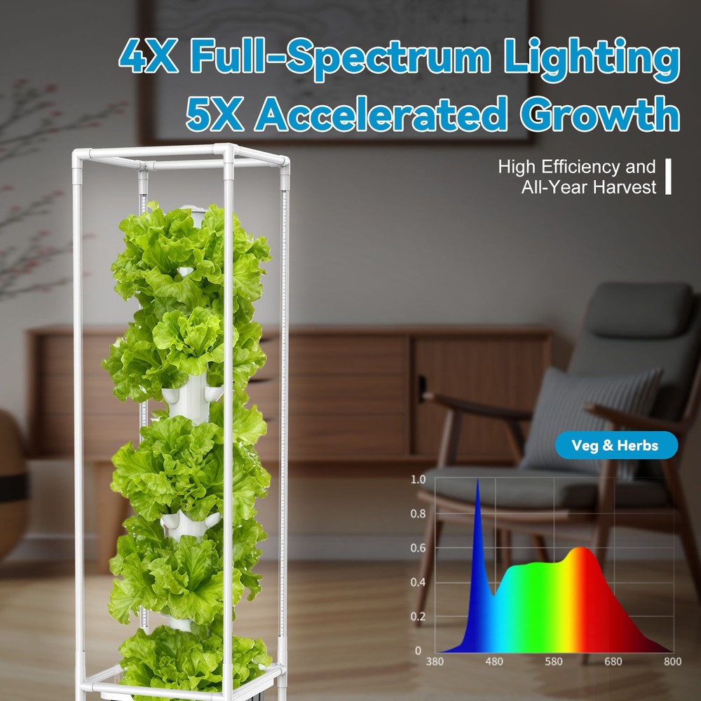 Hydroponic Growing System Tower with LED Grow Lights 45 Pods Timer Indoor Farm