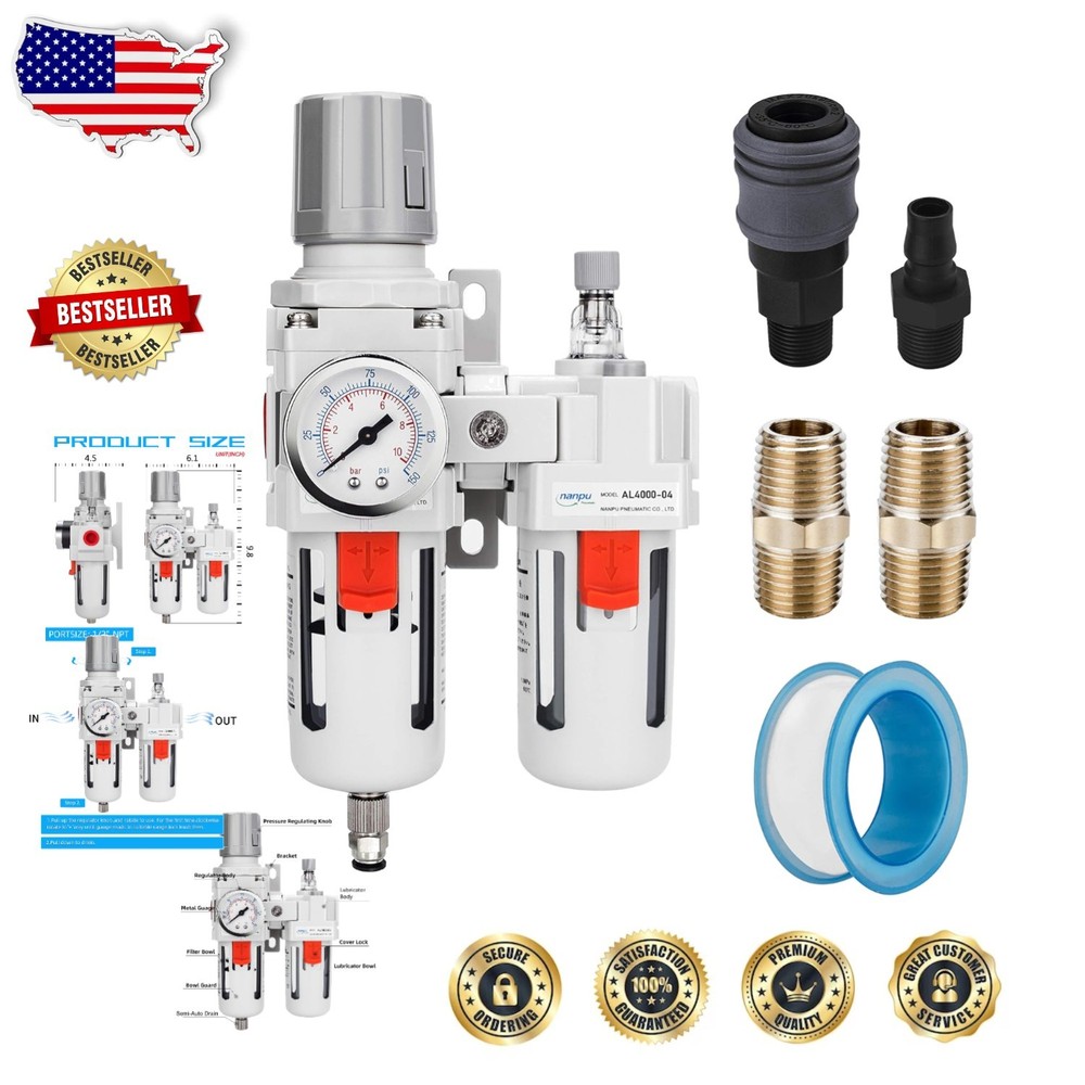 1/2" NPT Air Combo: Filter, Regulator, Lubricator - 105 SCFM, Gauge, Brass