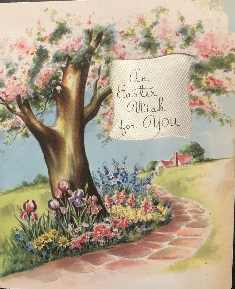 Vtg Easter Greeting Card Stone Path Cherry Blossom Tree Surrounded By Flowers