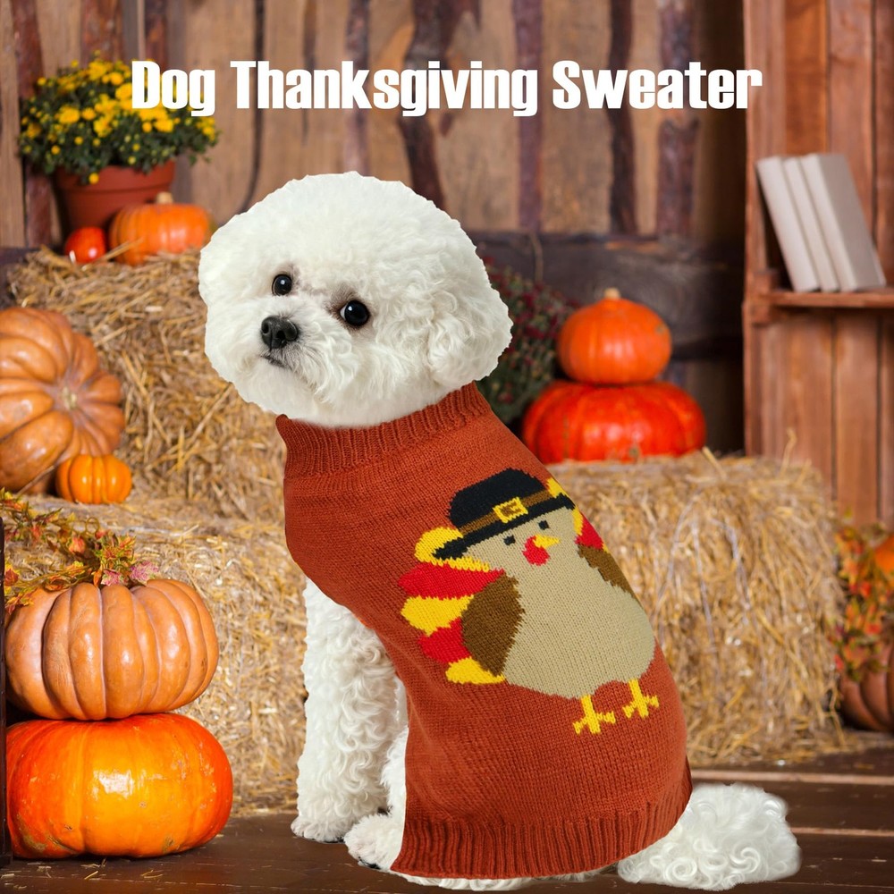 PAYHTOW Thanksgiving Dog Sweater, Knitted Medium, Brown Turkey