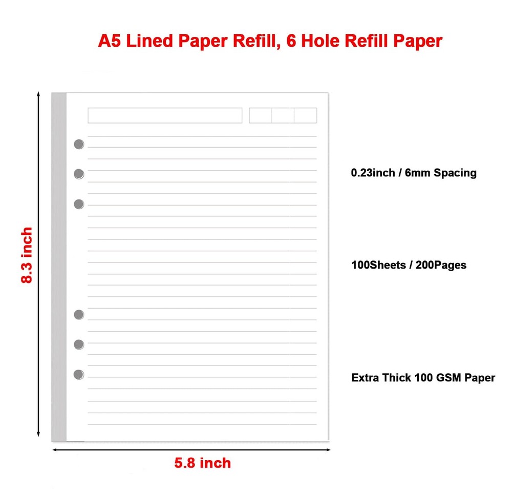 A5 Lined Paper Refill, 6 Hole Notebook Refills 6Hole 100Sheets, White