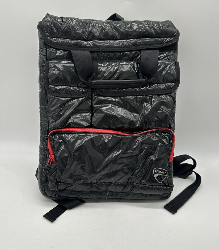 iSkin Collaboration DUCATI Black Redline Nylon Backpack Multi with Pockets Bag