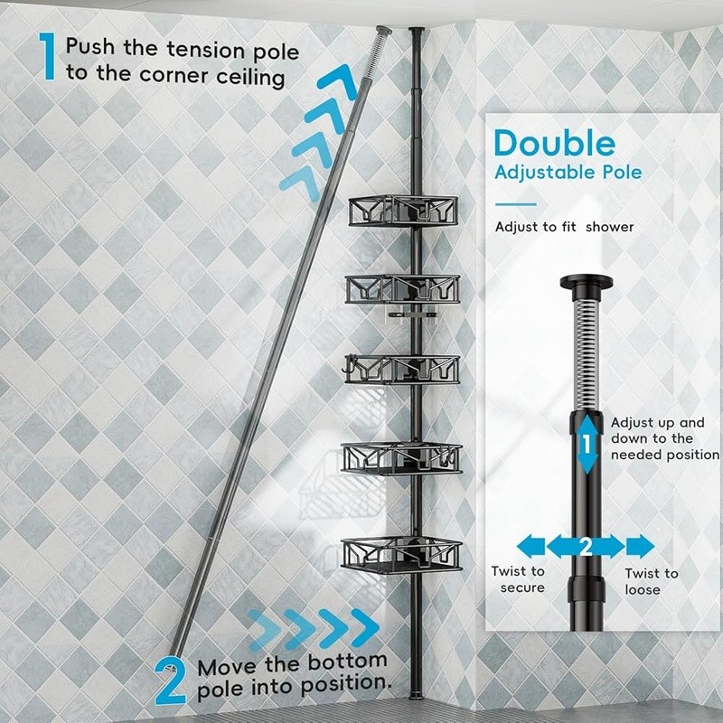 Height Adjustable Corner Tension Pole Shower Caddy 5 Baskets Rust Proof 2 Hooks
