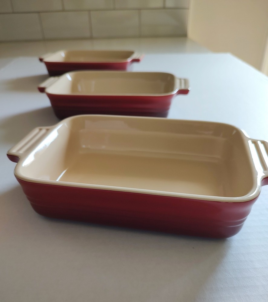 Le Creuset Red Ceramic Rectangular Baking Dish Set 3-Piece Oven Safe