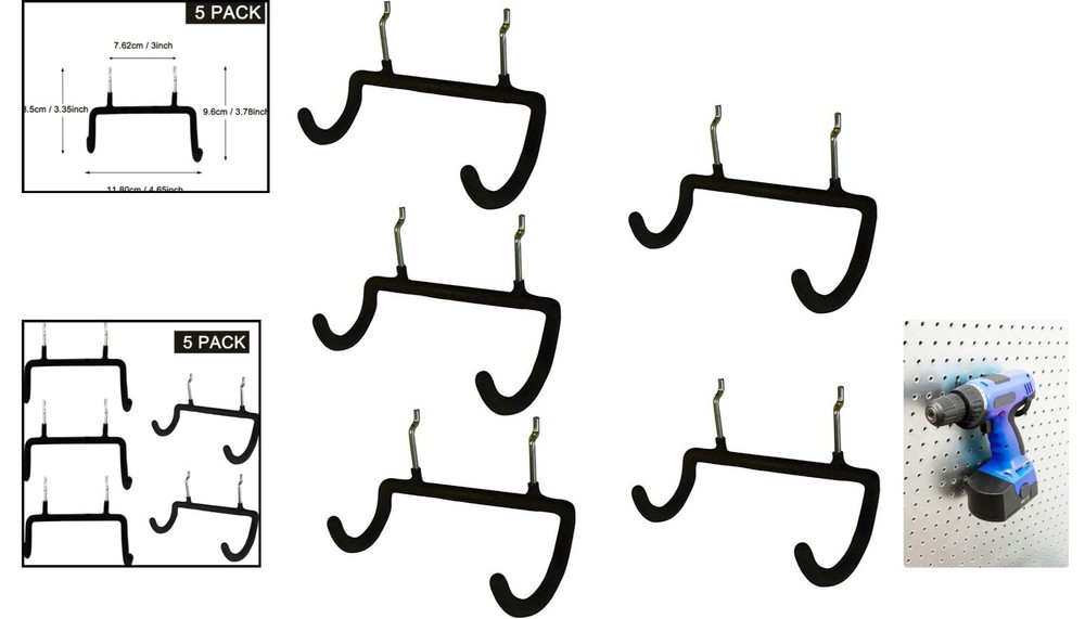 5 Hooks Pegboard Organizer - Dual Holders for Power Tools & Accessories