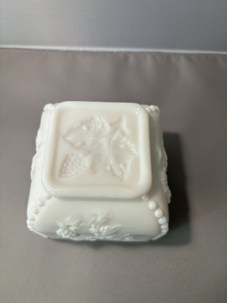 A Milk Glass Planter Embossed Grape And Leaf Pattern Square Shape Vintage