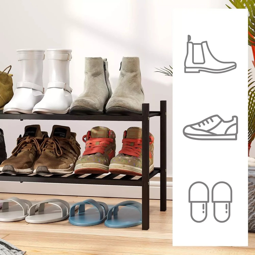 2-Tier Black Bamboo Shoe Rack for Entryway, Stackable | Foldable | Natural, Shoe