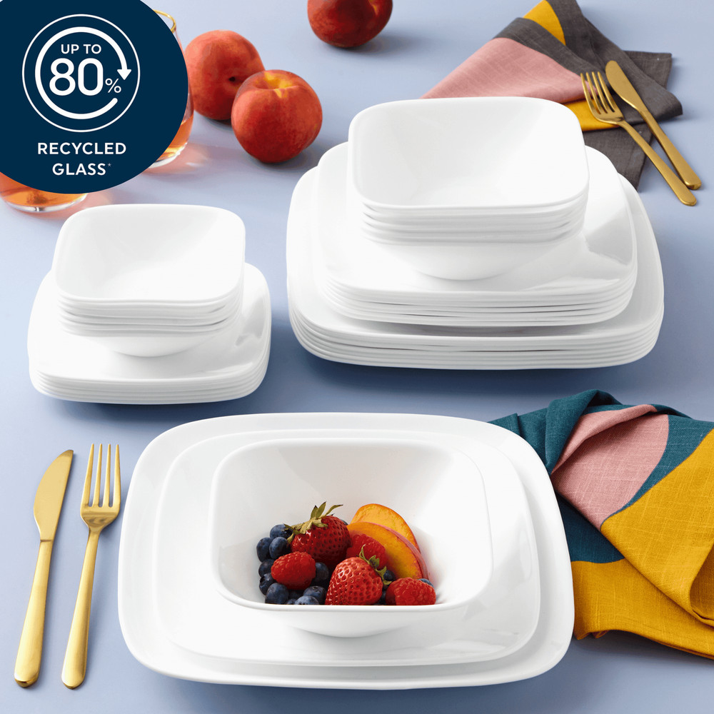 12 Piece Glass Dinnerware Set Pure White Square W/ Stackable & Chip Resistant
