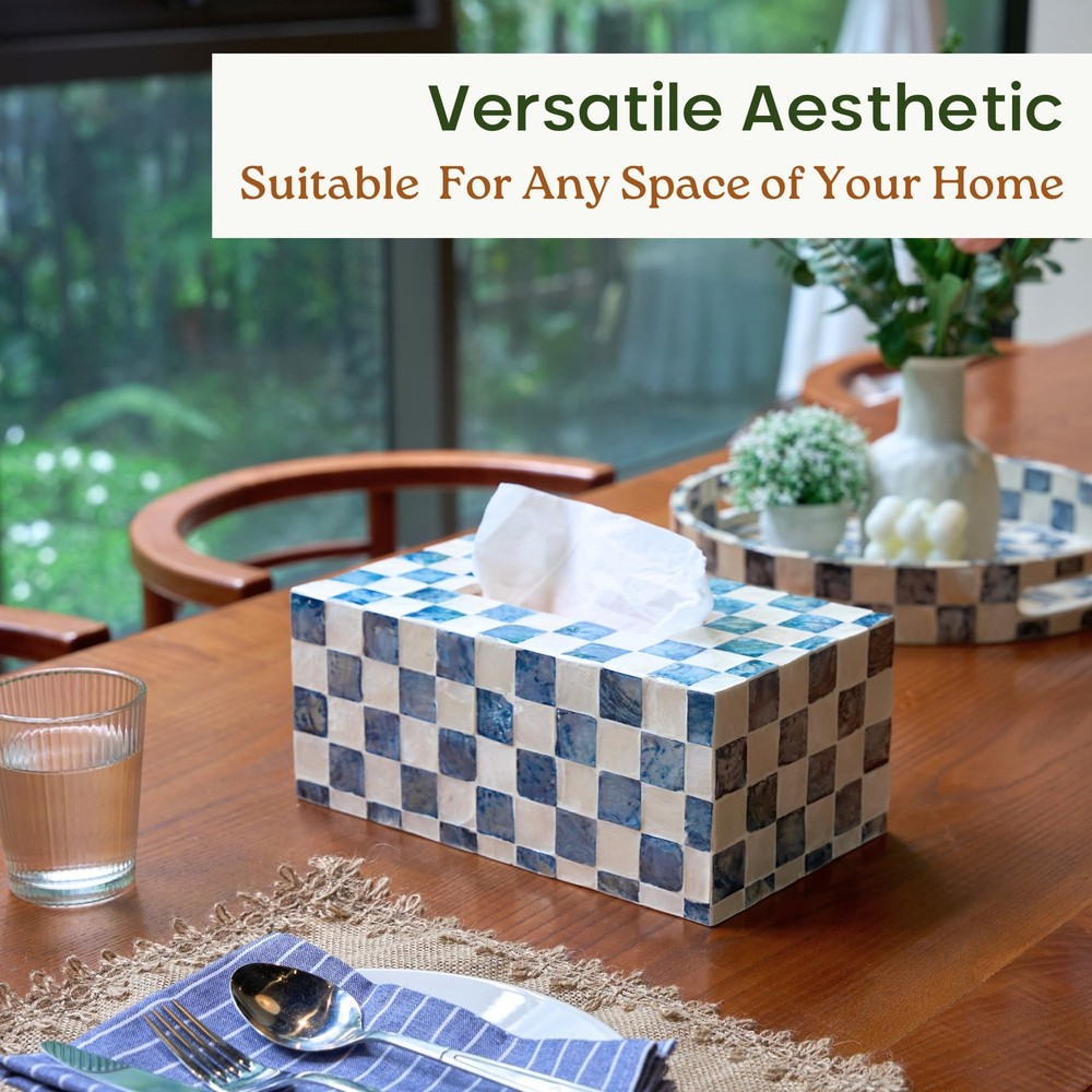 Rectangle Checkered Tissue Cover Handmade with Capiz Shells, Decorative Tissu...
