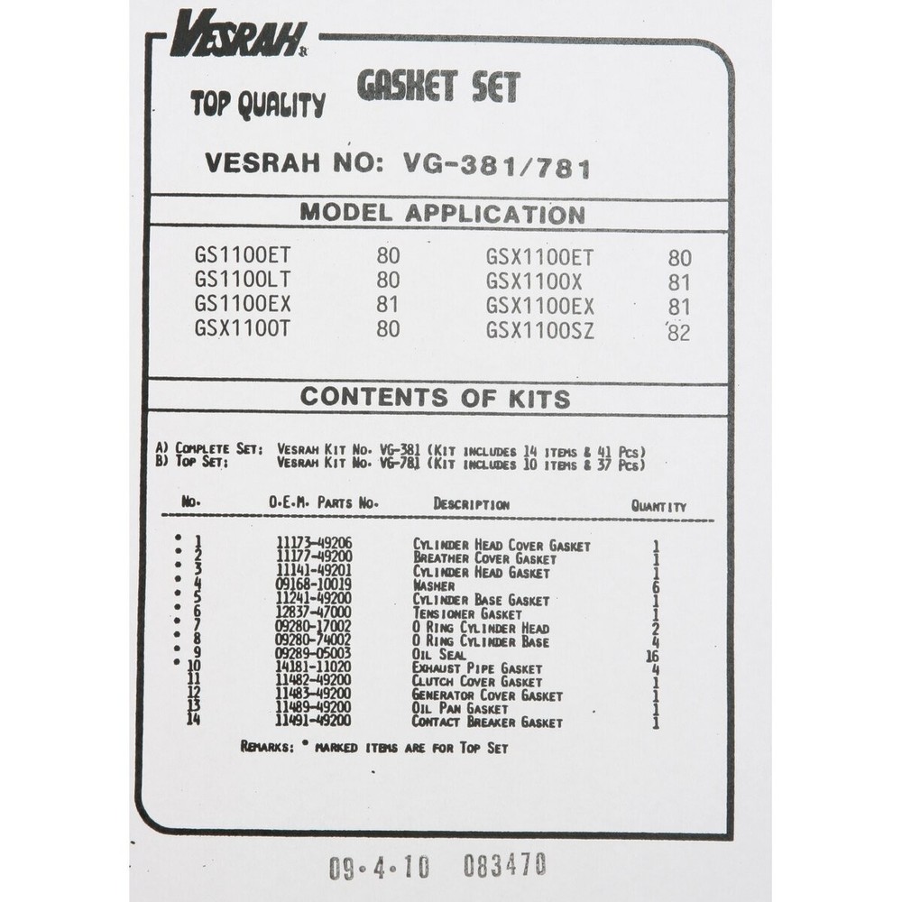 Vesrah Complete Gasket Set - VG381M
