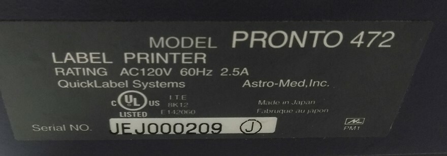 QuickLabel Systems PRONTO 472 Barcode Printer, 2-7 IPS, 203 DPI *Bad Print Head*