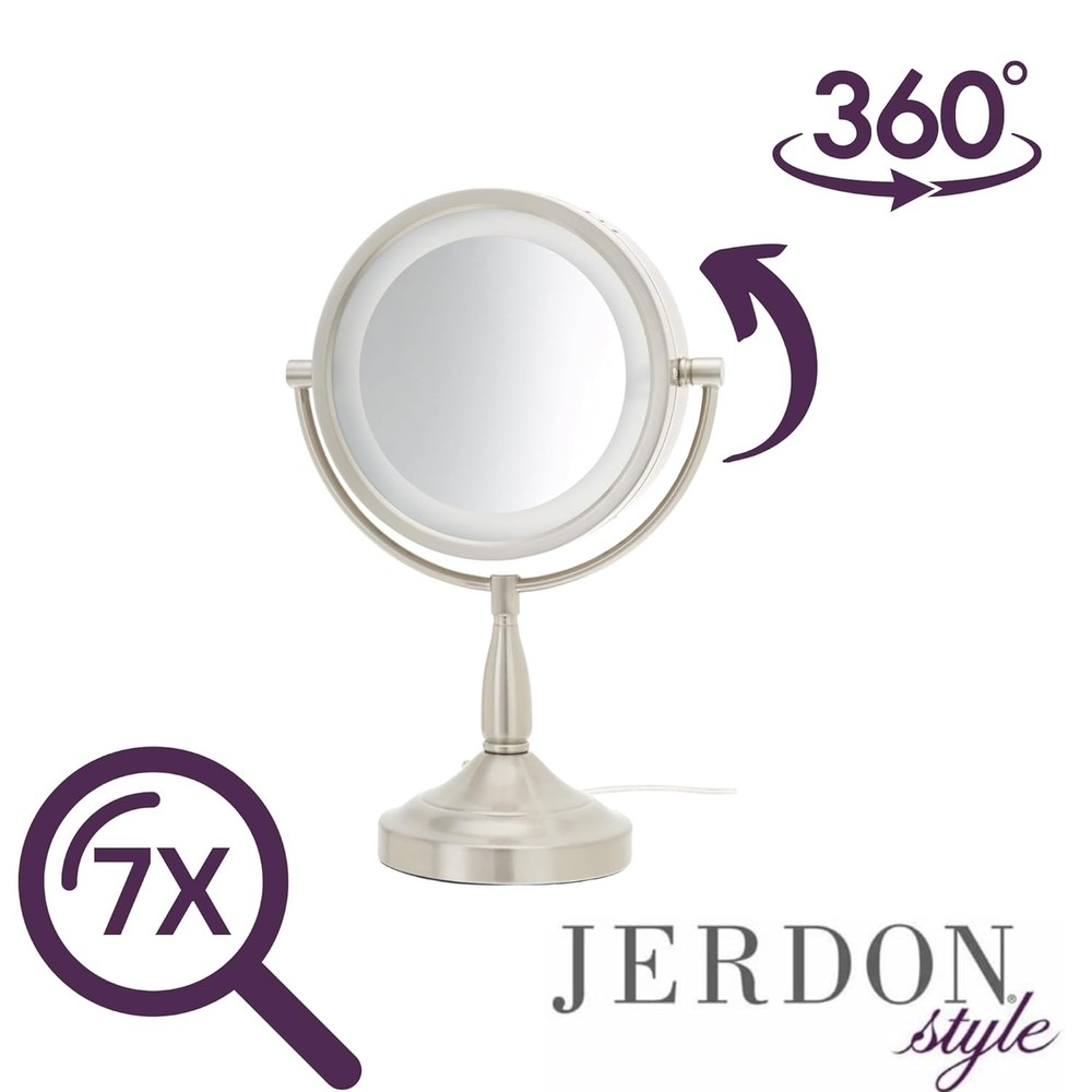 JERDON LED Lighted Tabletop Vanity Makeup Mirror – 8.5” Diameter with 7X-1X...