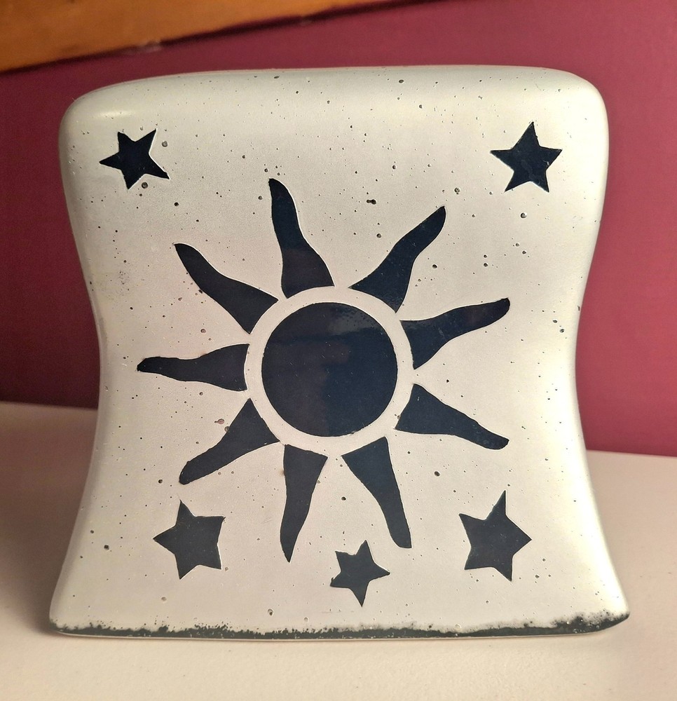 Celestial Silver Tissue Box, Moon, Sun, Stars, Heavy Ceramic