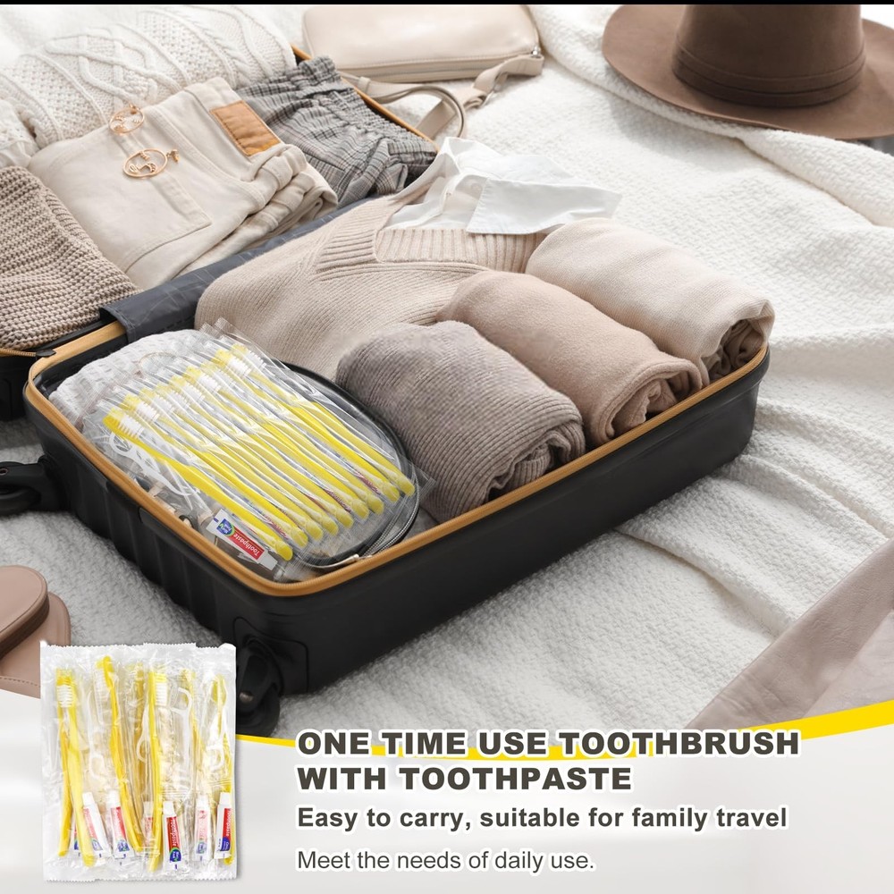 15pcs Disposable Toothbrushes with Toothpaste and Floss,Yellow Bulk Single Us...