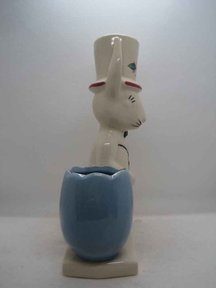 Morton Pottery Ceramic Easter Bunny Rabbit Top Hat Blue Egg Planter