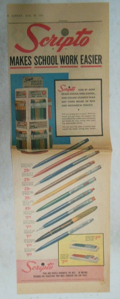 Scripto Pens & Pencils Ad: Makes School Work Easier ! 1950's 7.5 x 22 inches