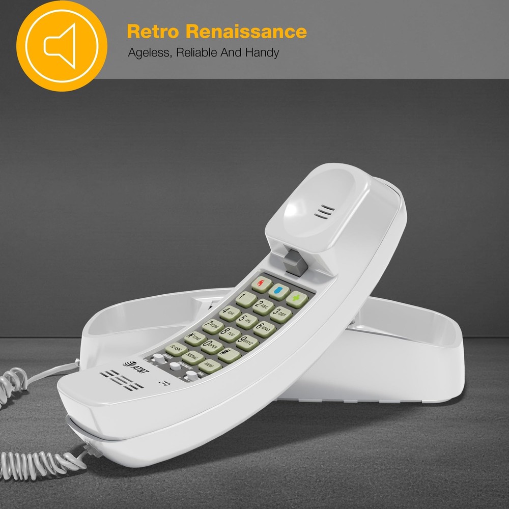 AT&T 210 Basic Trimline Corded Phone, No AC Power Required, White