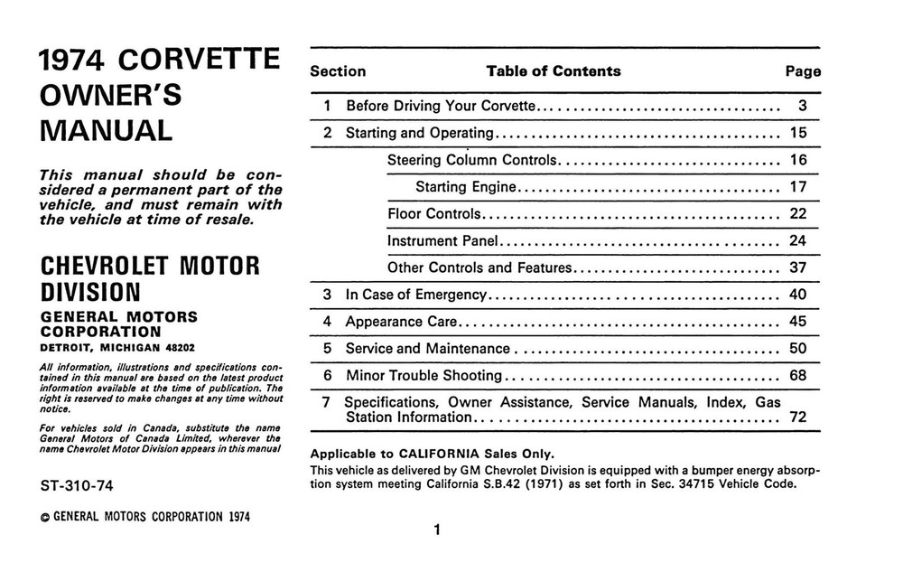 1974 Chevrolet Corvette Owner's Manual