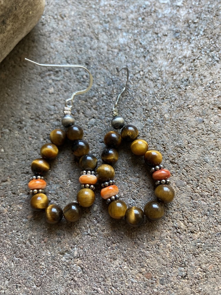 Sterling Silver Tiger’s Eye Spiny Oyster Bead Loop Earrings.