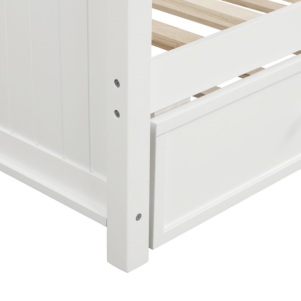Twin Size Daybed Wood Bed Frame Sofa Bed w/ Pull-Out Trundle Bed White US