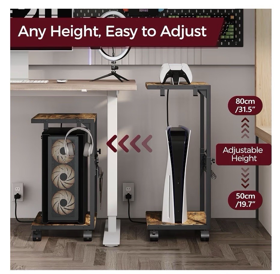 Height Adjustable Computer Tower Stand with USB Charging Port & Locking Wheels -