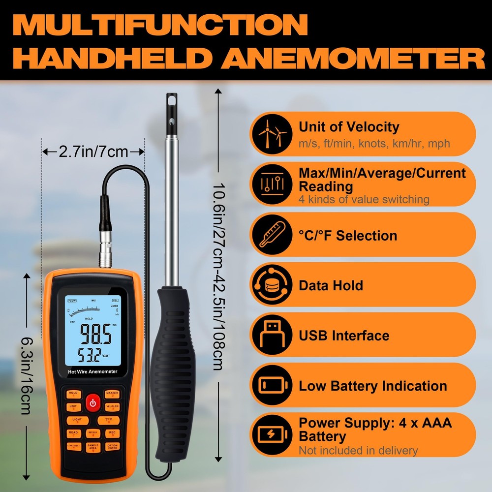 Hotwire Anemometer Handheld Anemometer with Telescopic Probe Wind Speed Meter wi