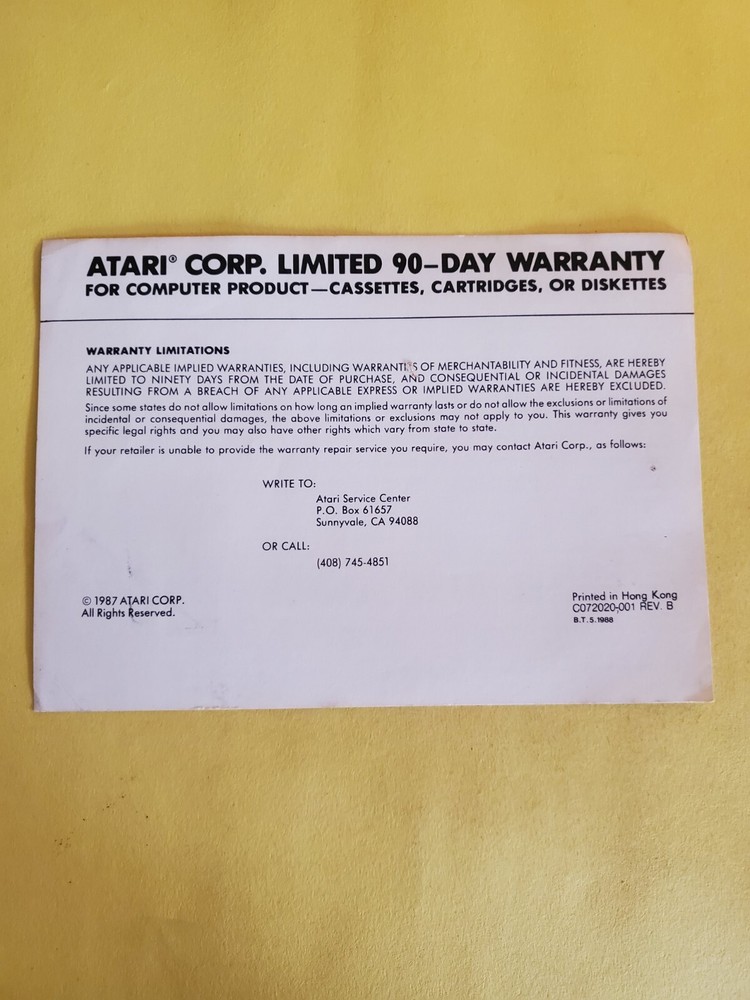 atari 90 day warranty insert