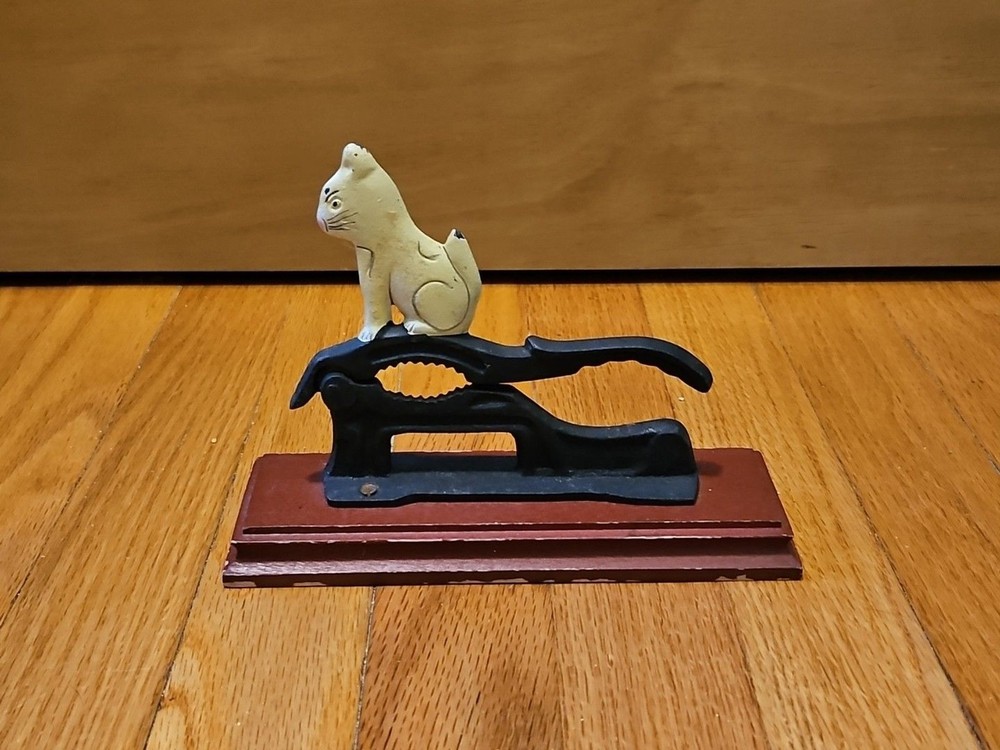 Vintage Cast Iron White Cat Nutcracker On Wooden Base
