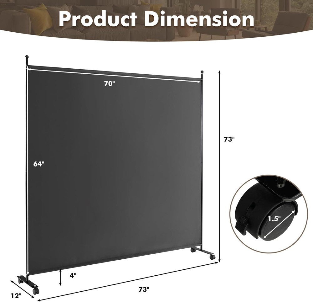 Room Divider Large Single Panel, 73''W X 73''H Privacy Screen with Lockable Whee