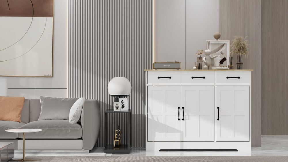 White Buffet Cabinet with 3 Drawers and 3 Doors - Dining Room Kitchen Storage