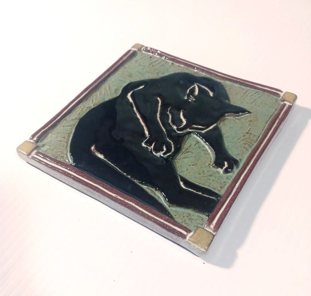 "Bath" Cat Tile 6x6 ceramic tile, handmade, multicolor, notch to hang