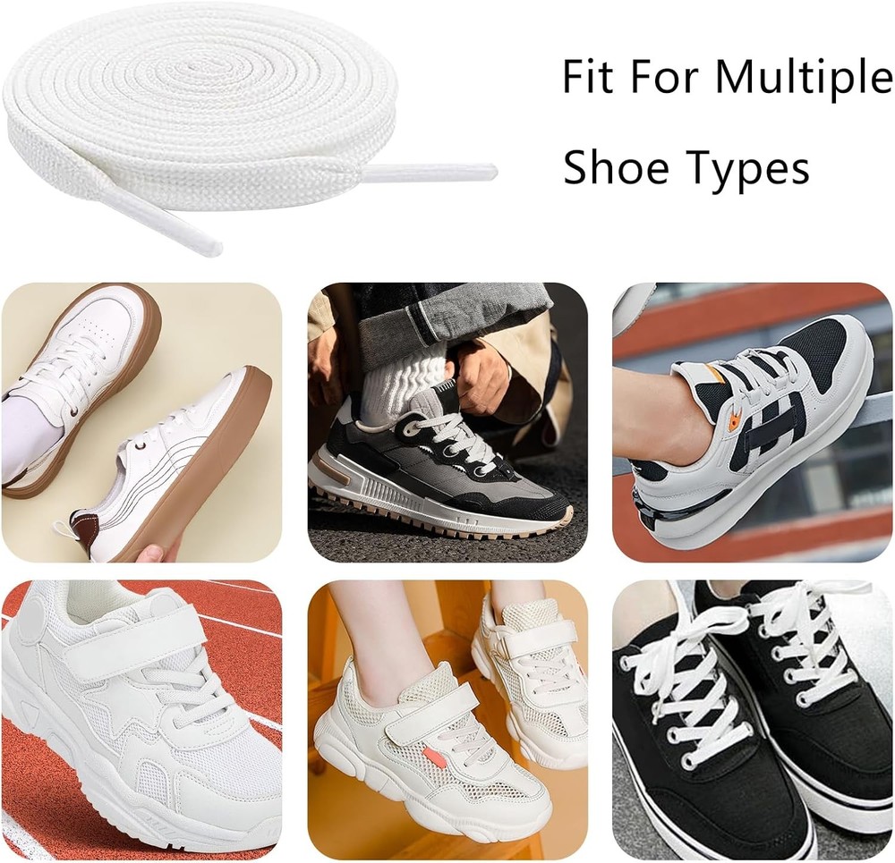White Flat Shoe Laces, Sturdy Polyester with Anti-Break Tips, Suitable for Sneak