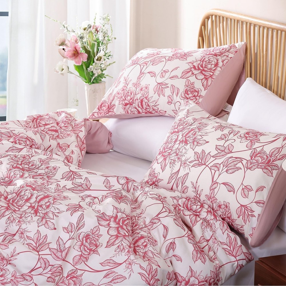 JANZAA Queen Size Comforter Set Pink Comforter Floral Peony Pattern Bedding S...