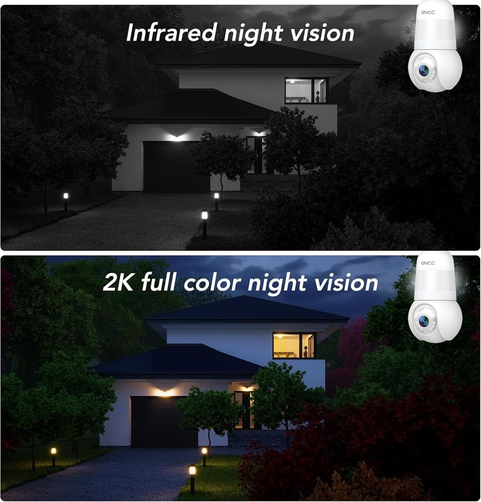 GNCC Light Bulb Security Camera,2.4GHz,355° 2K Cameras White