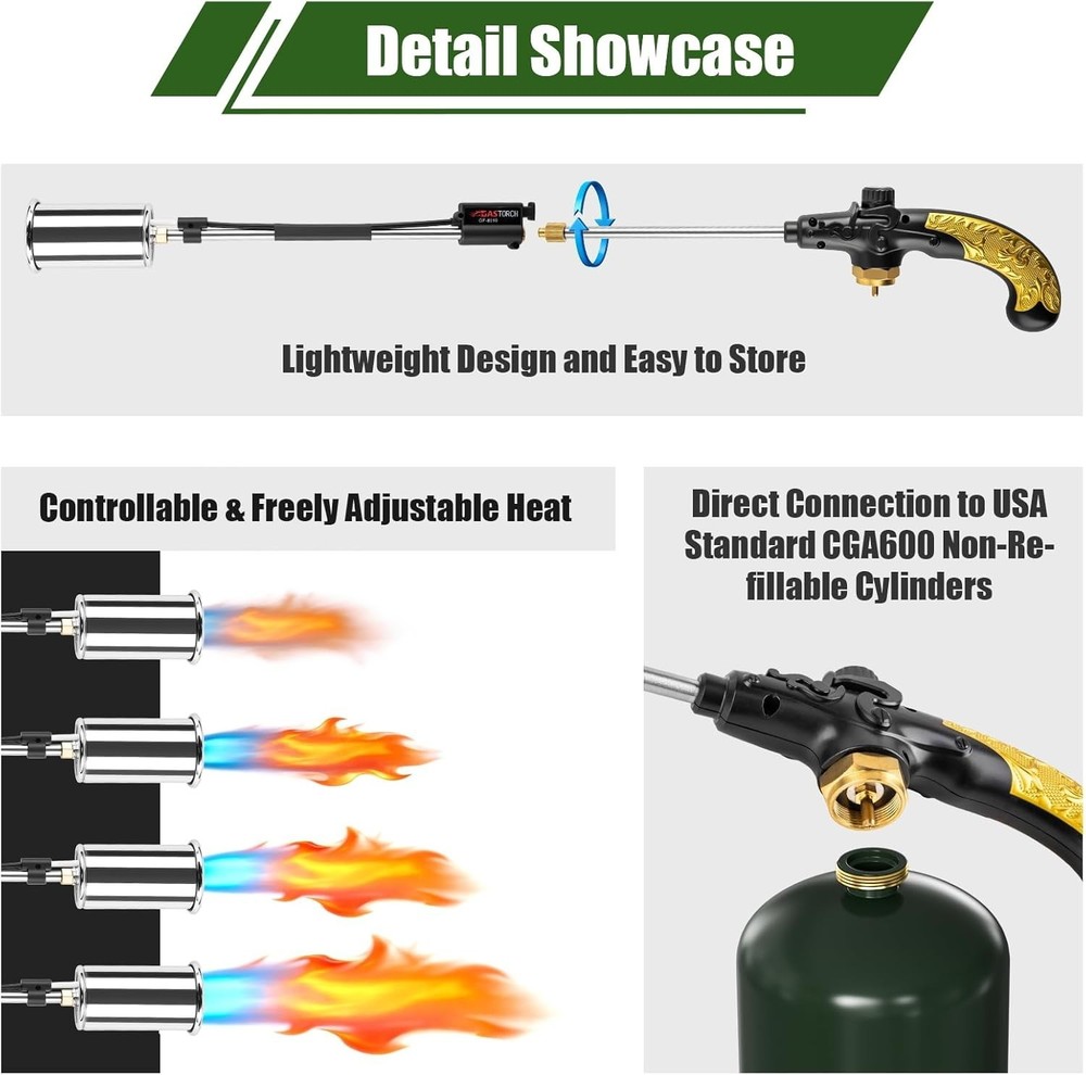 Propane Torch Weed Burner, Adjustable Flame Thrower with Detachable Handle, Blow