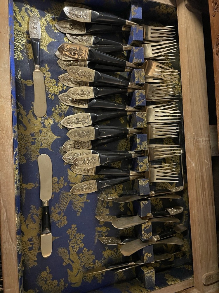 Vintage Thai Silverware Set Often Referred to As Siam Bronze Flatware