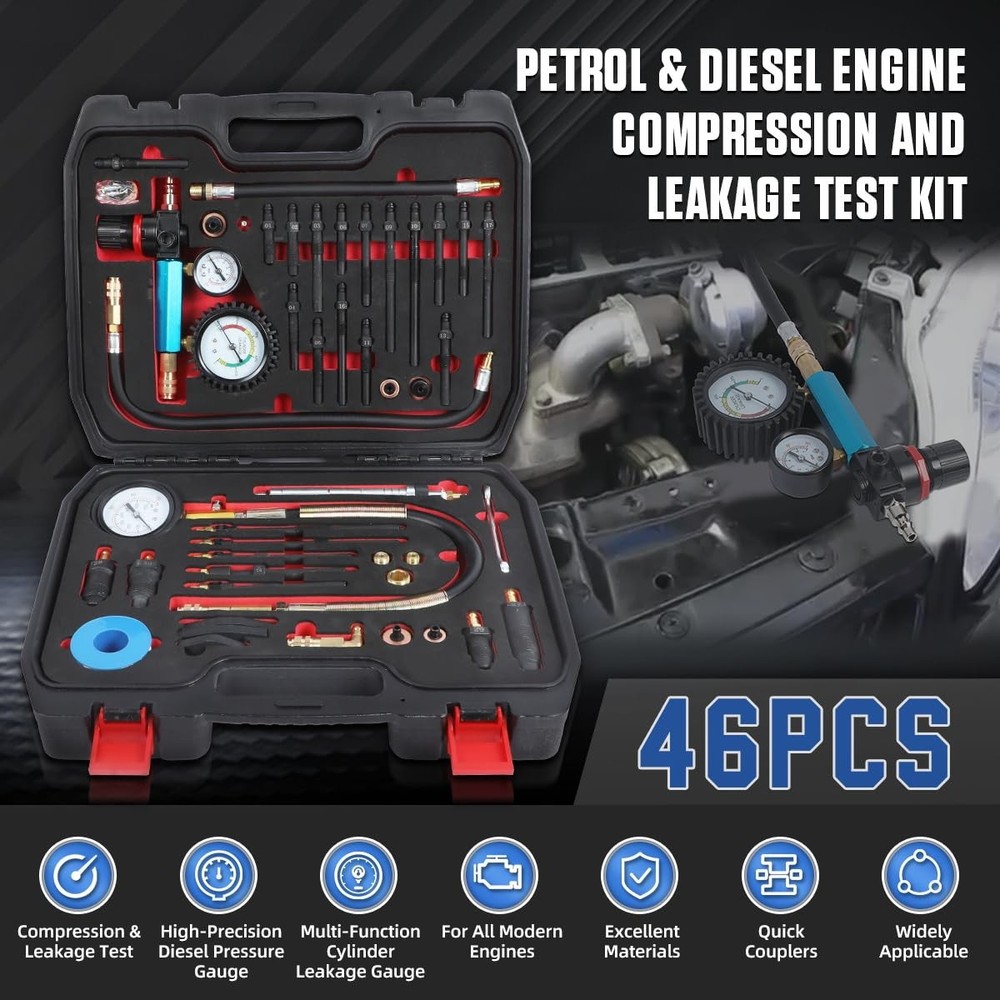 46PCS Compression and Leakage Test Kit Petrol & Diesel Compression Tester Kit...