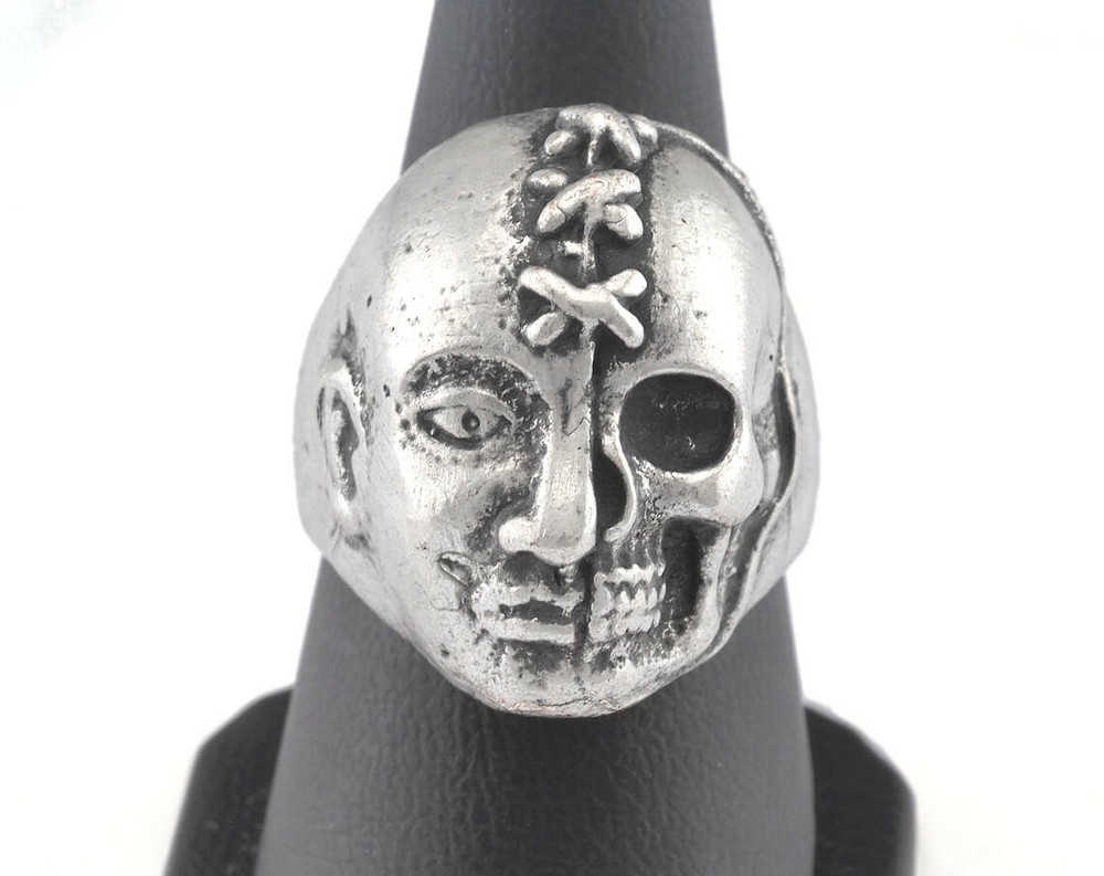 Ring Scary Face Adjustable Antique Silver Plated Brass Horror Biker Goth