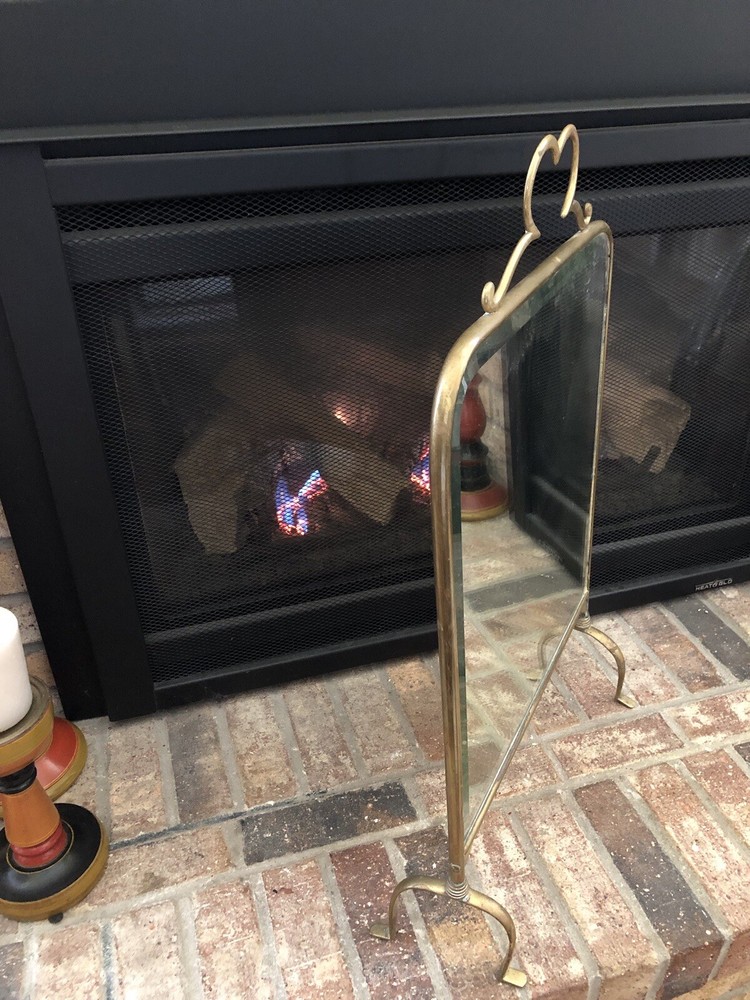 Victorian Beveled Edge Mirror and Brass Stand Fire Screen