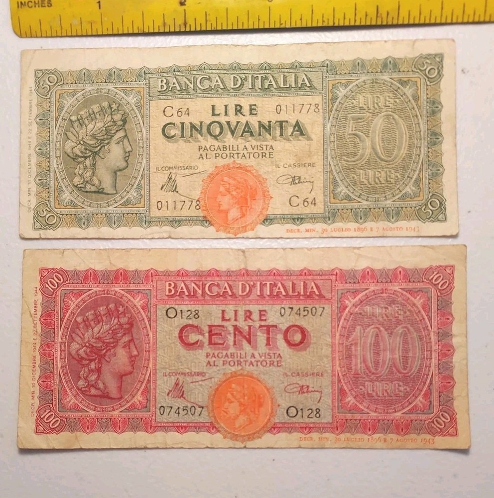 Old Italy 50 and 100 Lire WWII era Notes 1944