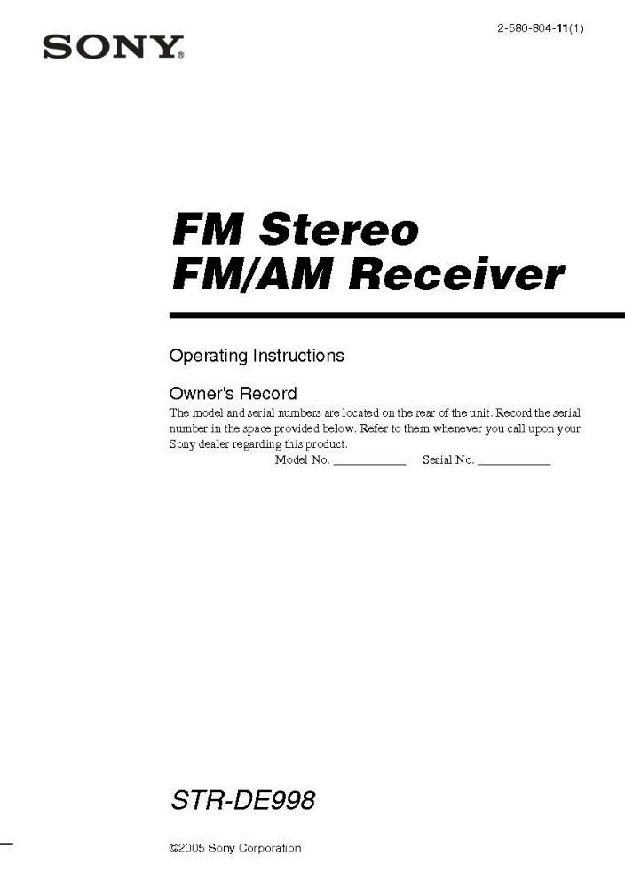 Sony STR-DE998 AV Receiver Owners Manual Printed or PDF