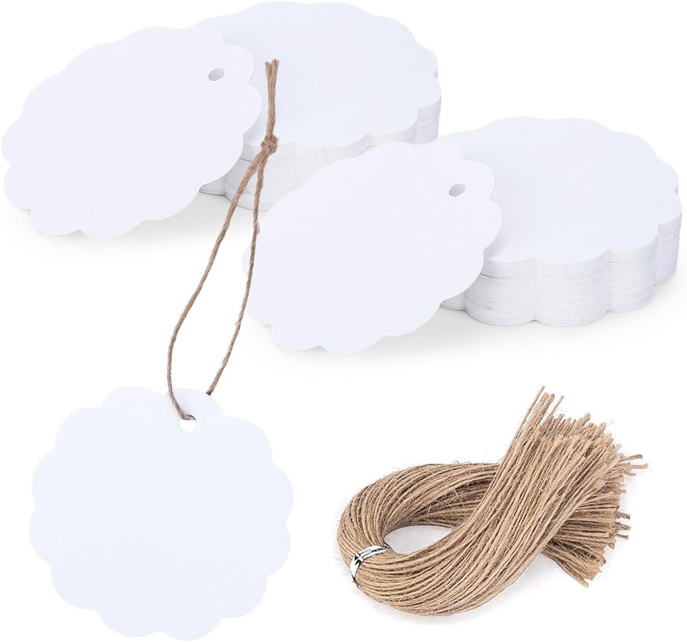 SallyFashion 100PCS White Paper Tags with String, Round Medium, 100pc