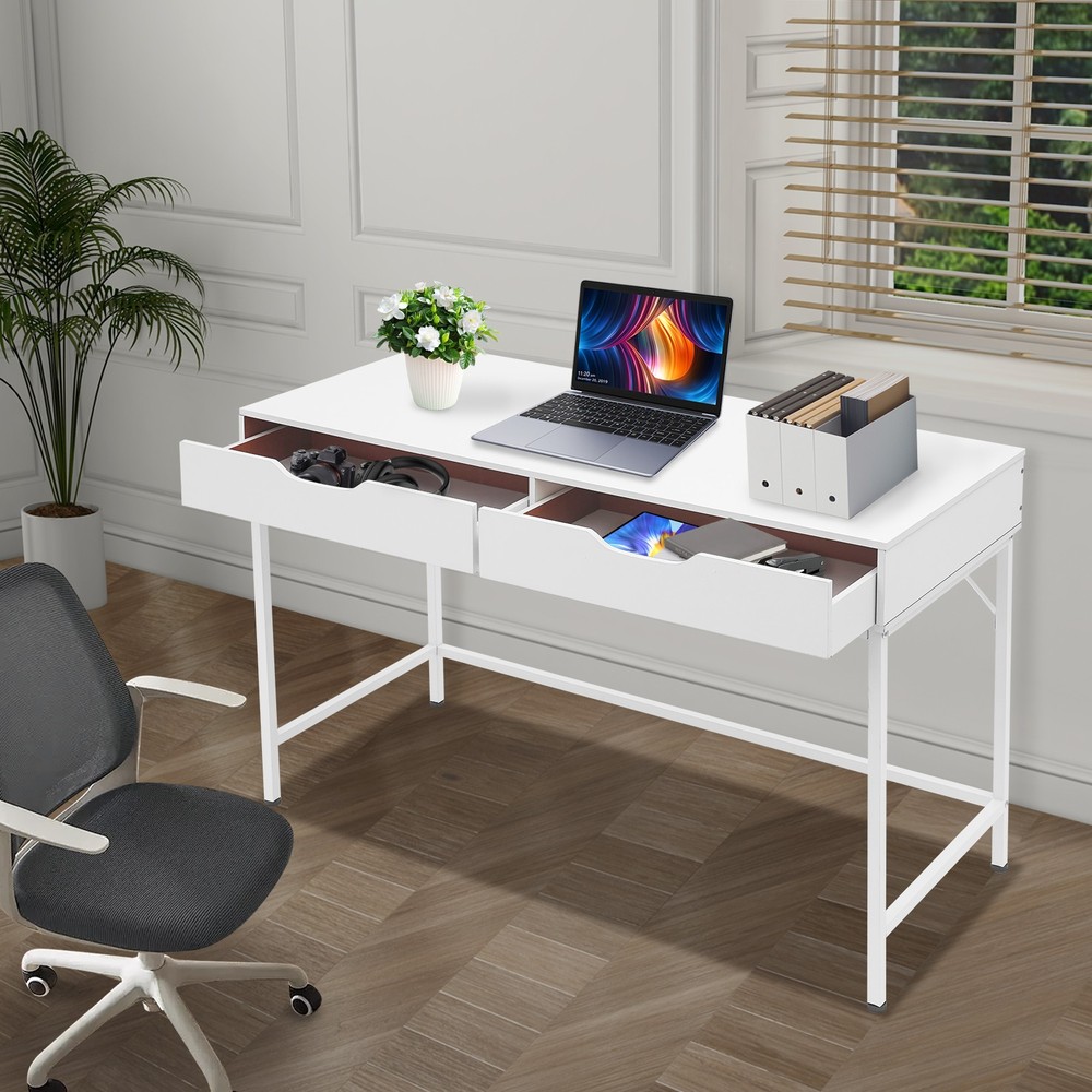 Office Computer Desk Metal Frame Modern Study Writing Table w/ 2 Drawers White
