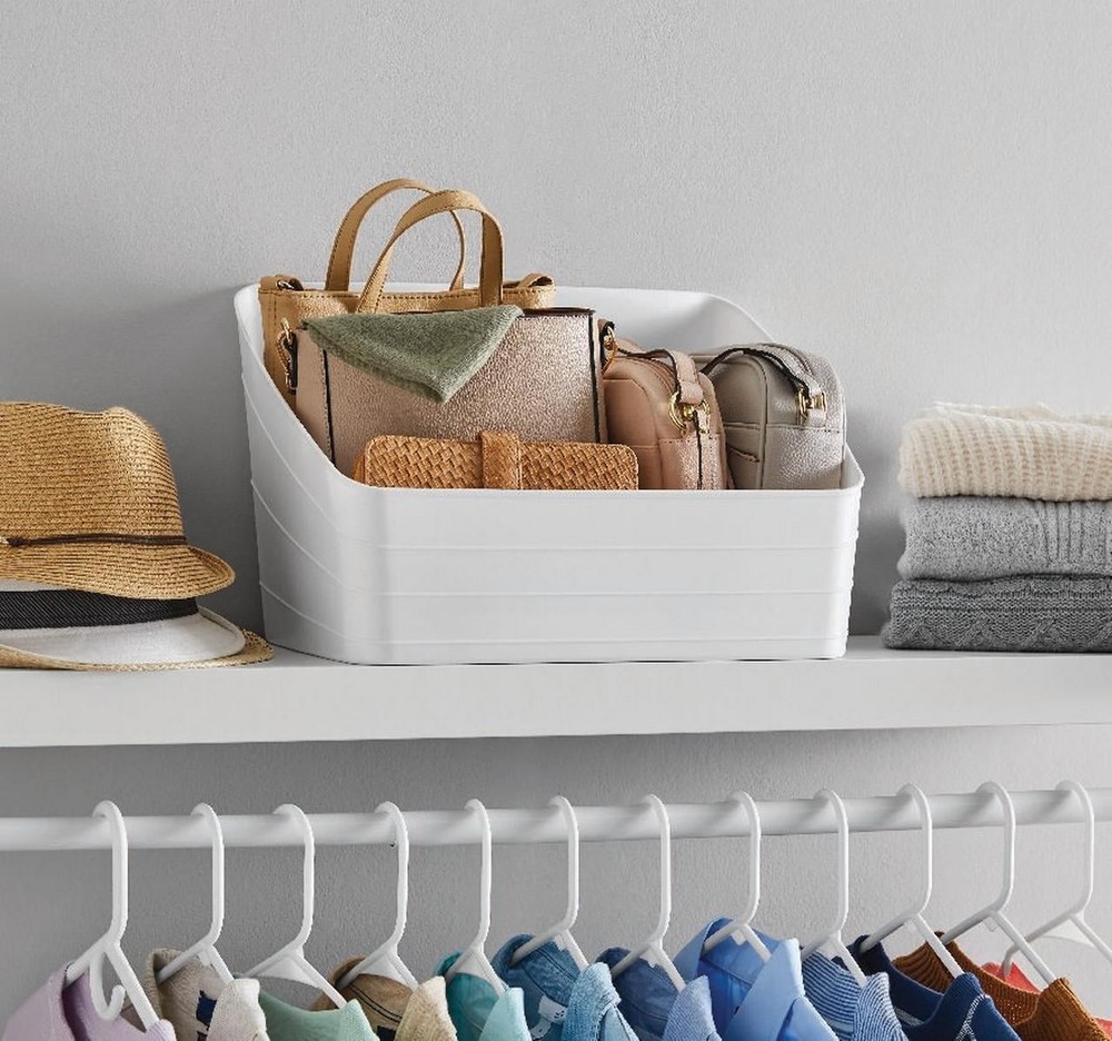 Wide Plastic Slanted Closet Organizer Bin W/ Handle Arctic White