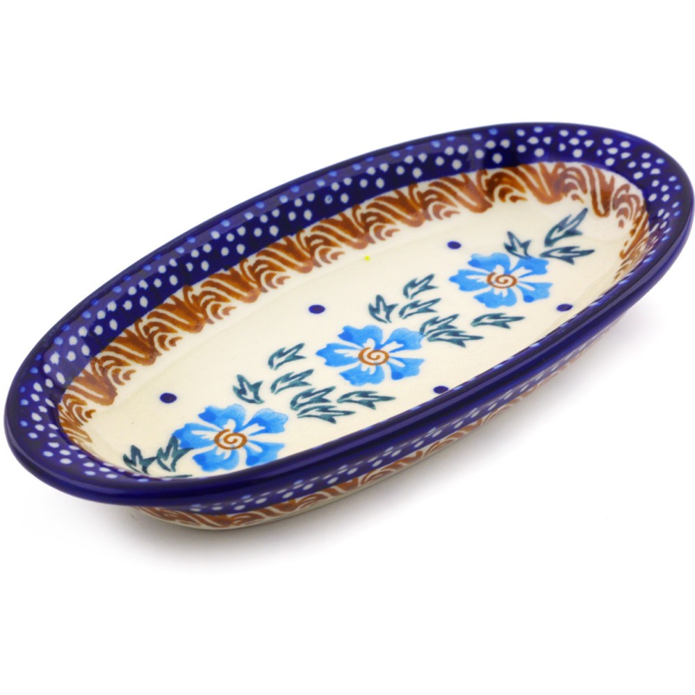 Polish Pottery Condiment Dish 6" Blue Cornflower