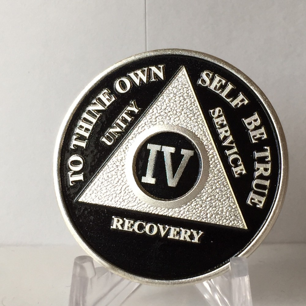 Black & Silver Plated Four Year AA Chip Alcoholics Anonymous Medallion Coin 4