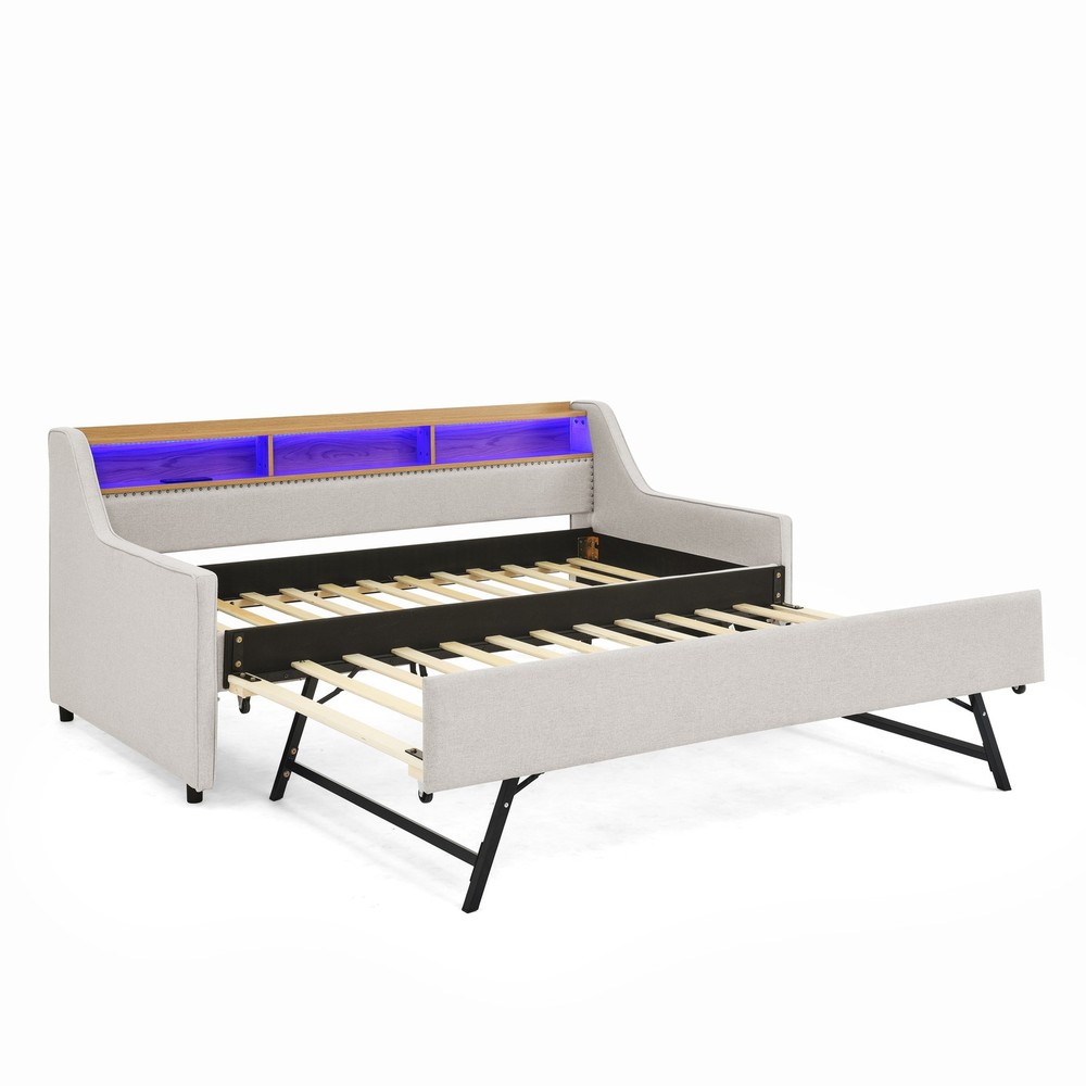 Twin Size Upholstery Sofa Bed with Three LED lights, with Storage Adjustable Hea
